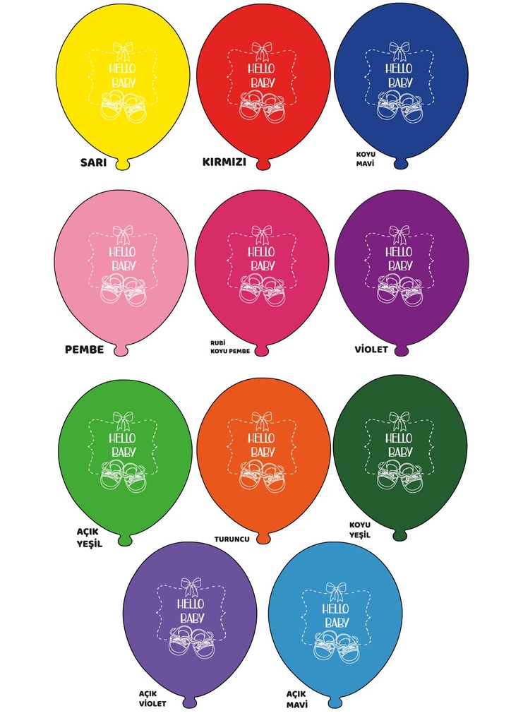 12" Hello Baby Karışık Renk  1+1 - 100 Adet