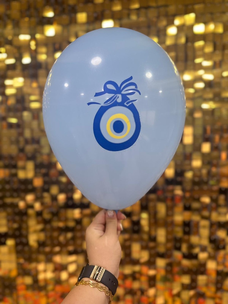 12" Nazar Boncuk Baskılı Balon Açık Mavi  2+0 - 100 Adet