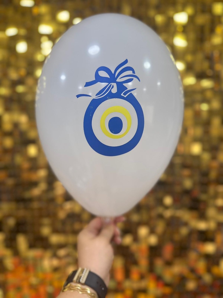 12" Nazar Boncuk Baskılı Balon Beyaz  2+0 - 100 Adet