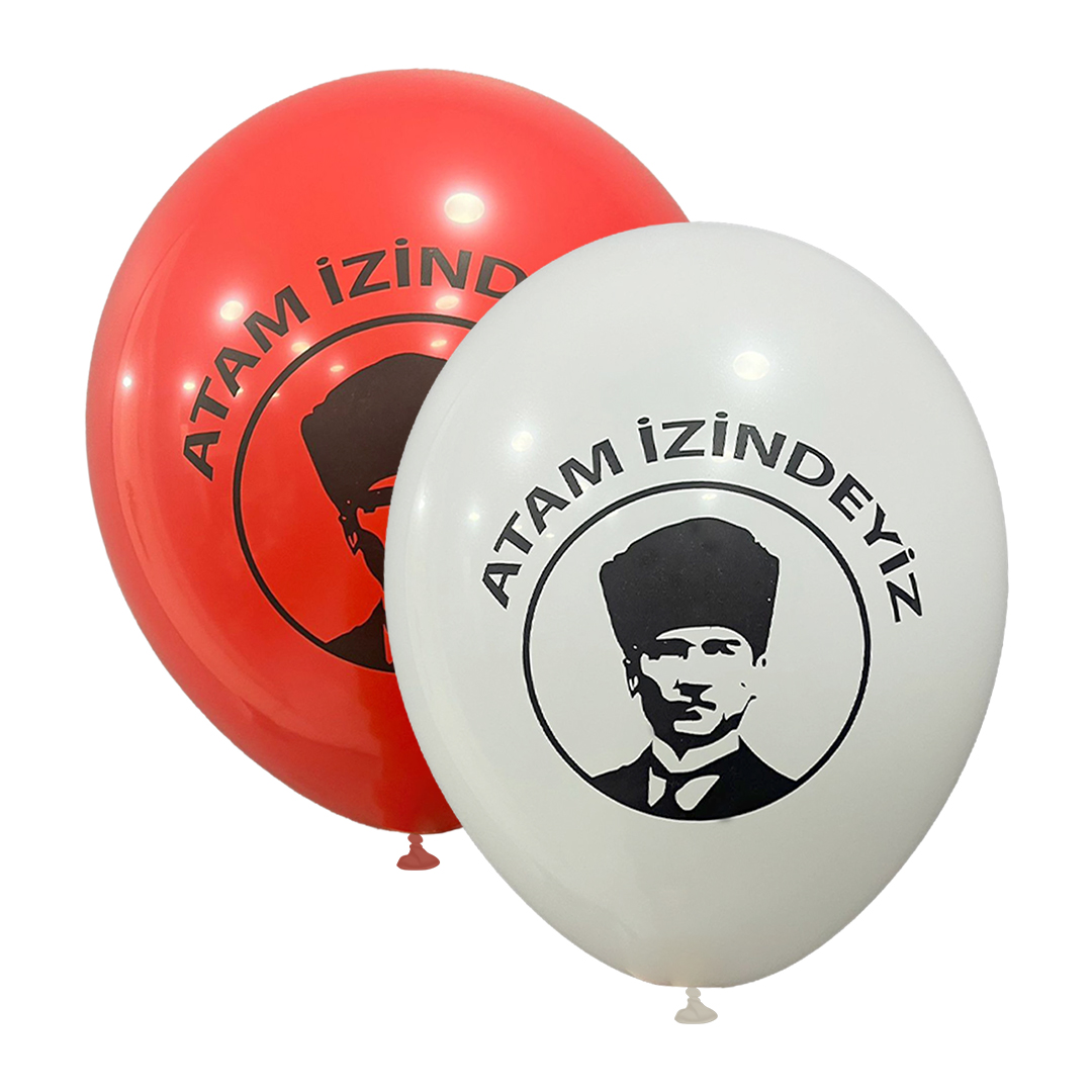 12" Atam İzindeyiz Baskılı Balon Kırmızı-Beyaz 1+1-100 Adet
