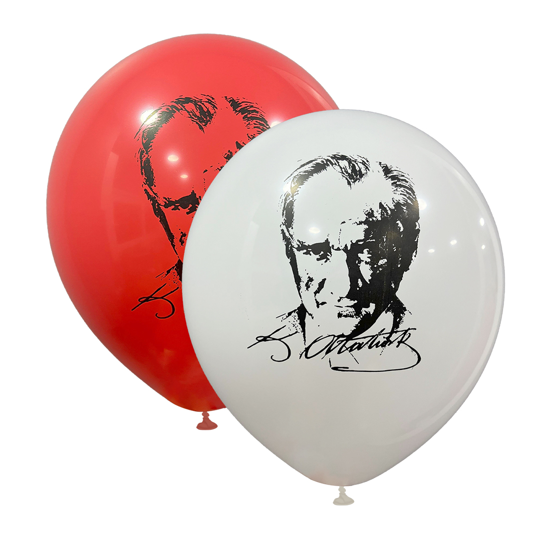 12" Atatürk Baskılı Balon Kırmızı -Beyaz 1+1 - 100 Adet