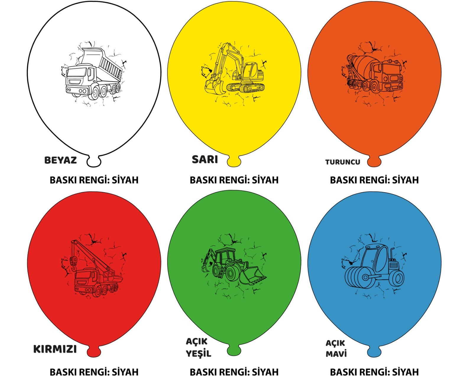 12" İş Makineleri Baskılı Balon 1+1 - 100 Adet 